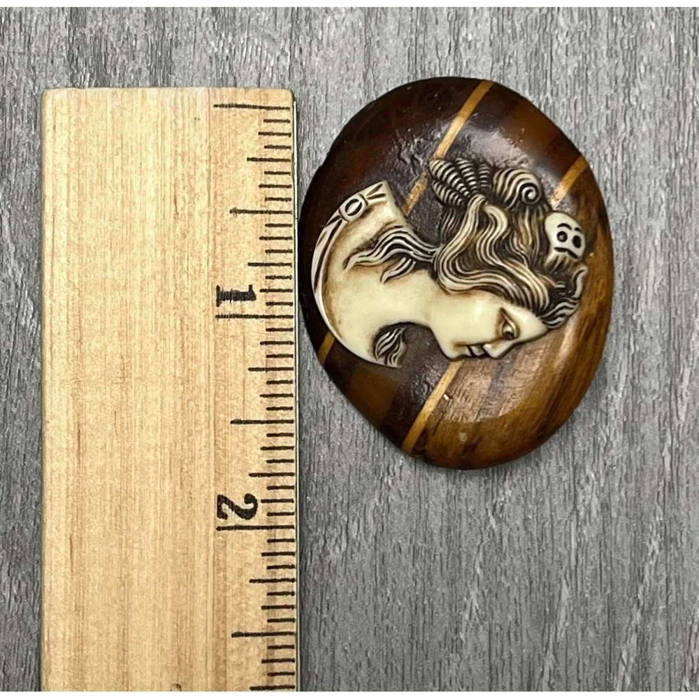 Vintage Hand Carved Resin Cameo Brooch Pin on Wood Inlay Backing Victorian Style